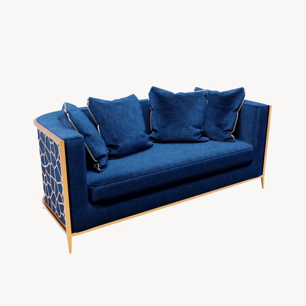 Navy Blue Velvet & Gold 3-Seater Sofa